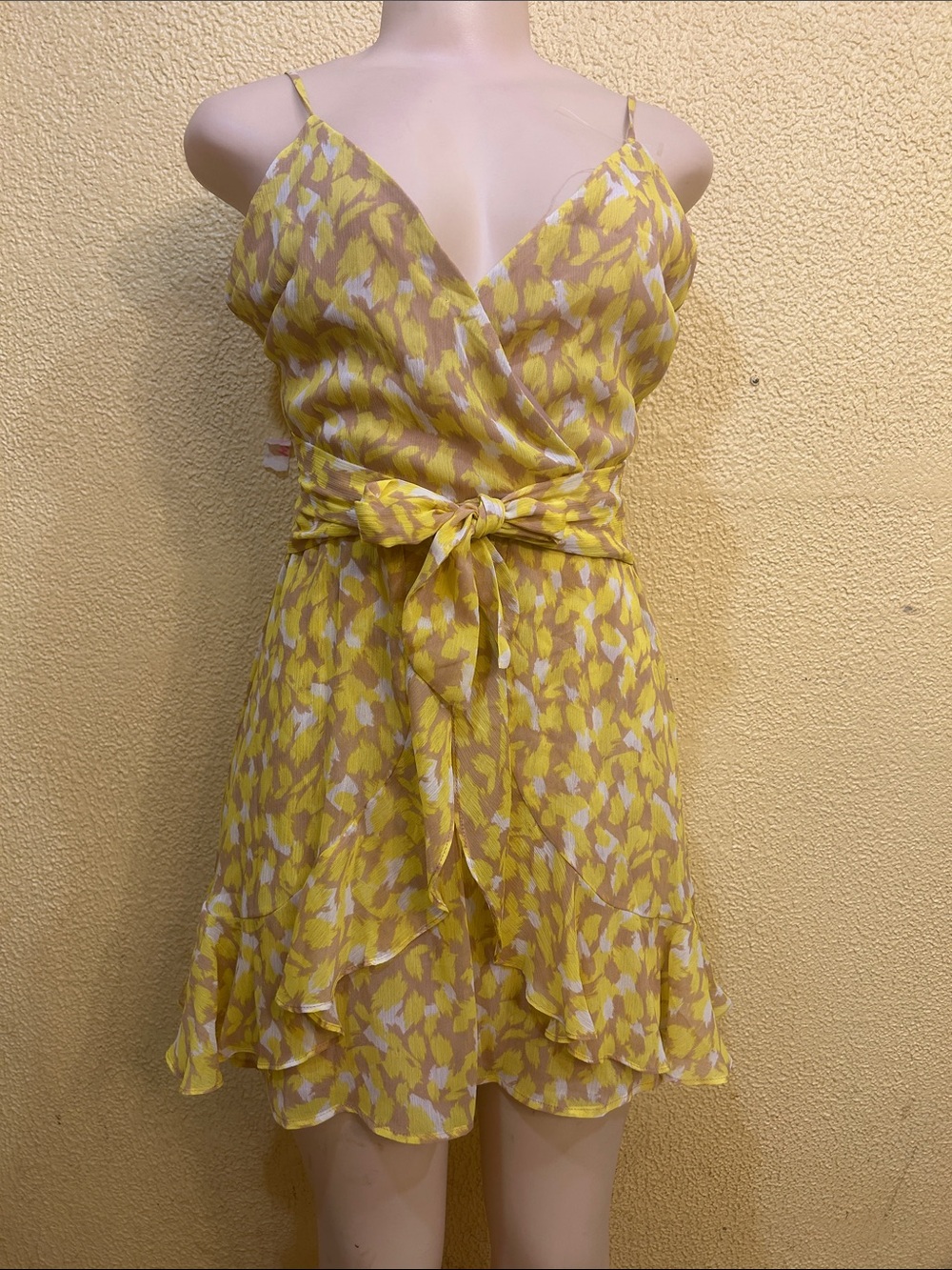 #44 Dainty Hooligan Yellow Patterned Wrap Mini Dress with Tie Waist